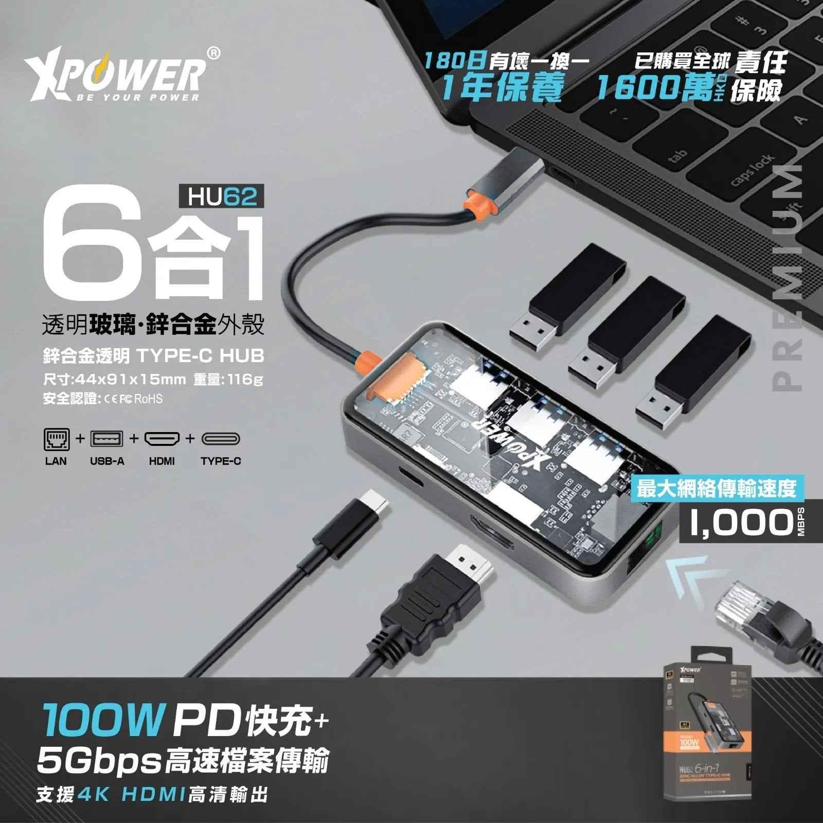 XPower HU62 6 In 1 100W PD Type-C Hub - Grey XPower HU62 6 In 1 100W PD Type-C Hub - Grey